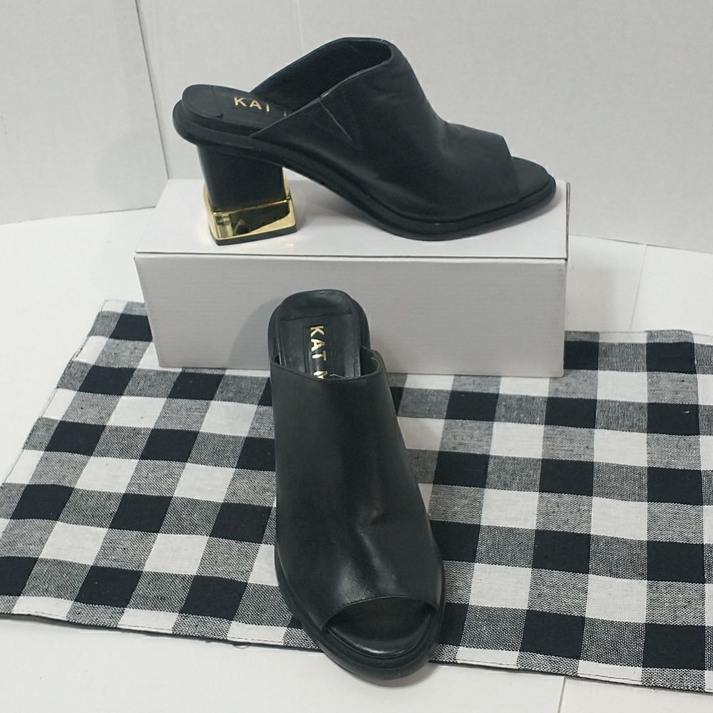 Kat Maconie Womens Sandal Block Heels Shoes Black Leather Slip On Peep Toe 8